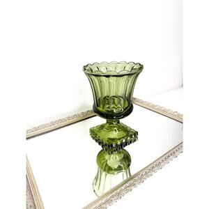 Vintage Indiana Glass, Avocado Green, Small Footed Vase, Scalloped Rim
